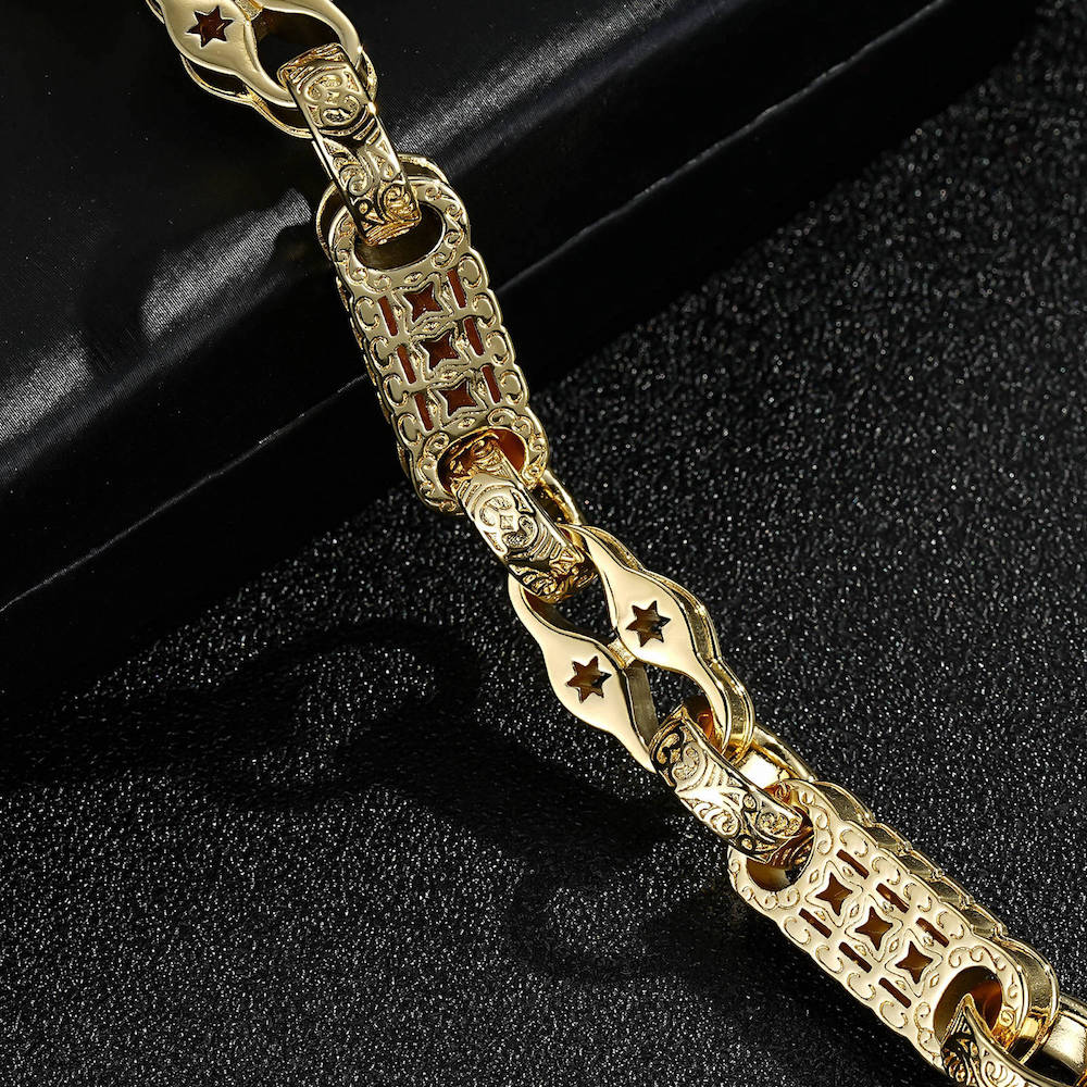 Chunky gold stars and bars bracelet, 11mm width, 7/7.5 inches, 57 grams, Albert clasp.