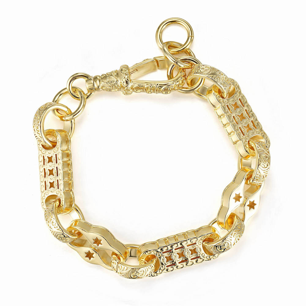 Big gold stars and bars bracelet, 11mm width, 7/7.5 inches long, 57 grams.