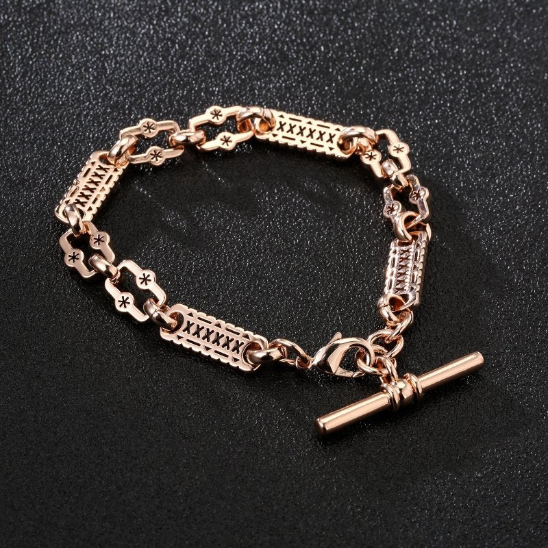 Lightweight rose gold stars and bars bracelet, 9mm wide, 8-8.5 inches, 22 grams.