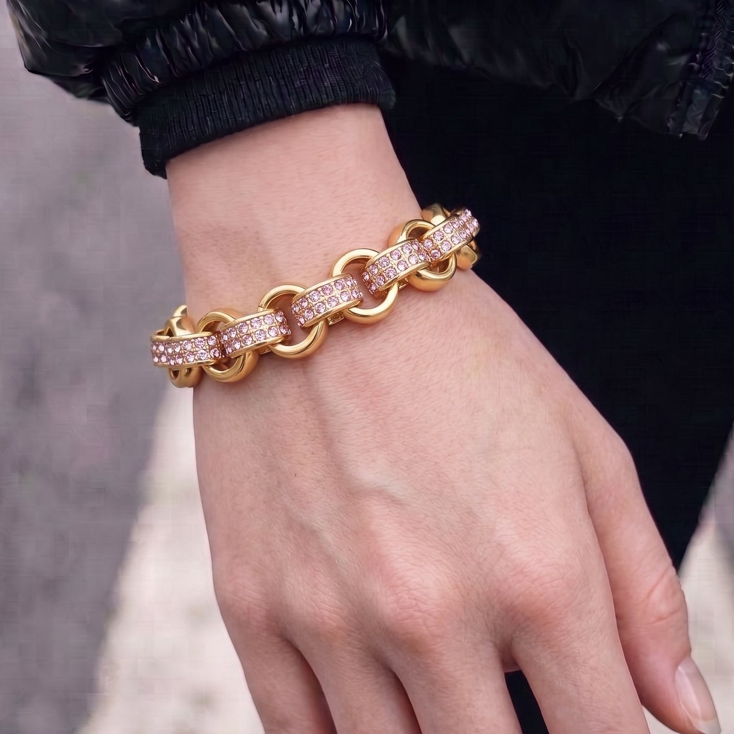 Gold Belcher Bracelet with Pink Stones 8mm