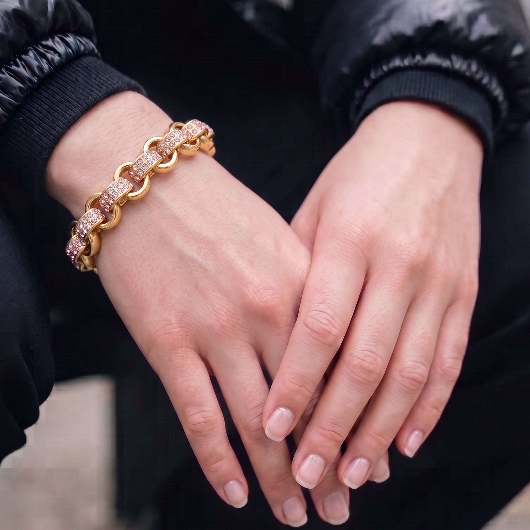 Gold Belcher Bracelet with Pink Stones 8mm