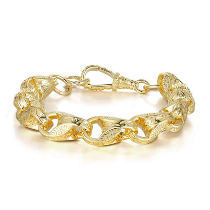 Gold 3D tulip bracelet, 15mm width, 8-8.5 inches long, 106 grams, raised pattern.