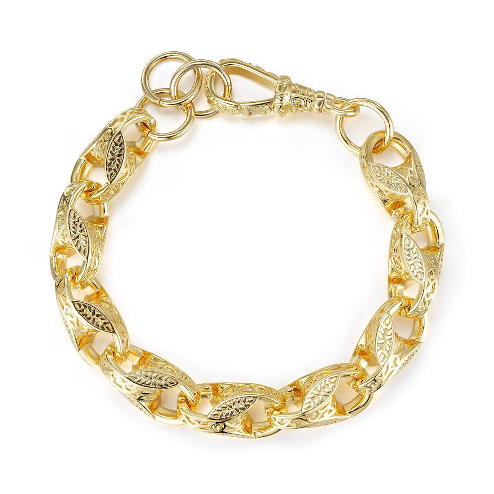 15mm wide gold tulip bracelet, 8-8.5 inches, 106 grams, gold-filled finish.