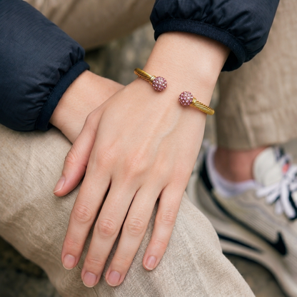 New 4mm Gold Ball Torque Bangle Bracelet with Pink Stones 7.5/8 Inch