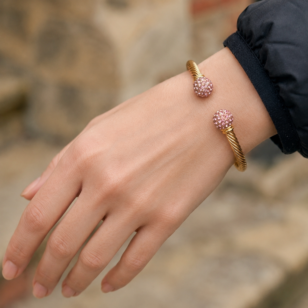New 4mm Gold Ball Torque Bangle Bracelet with Pink Stones 7.5/8 Inch