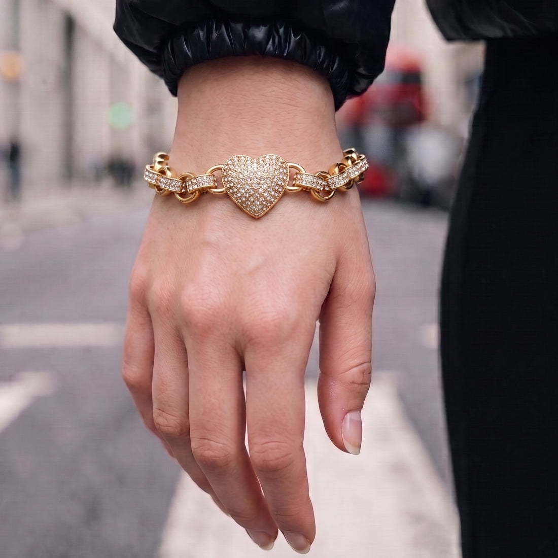 Gold Heart Charm Bracelet with Clear Stones Fits 7.58 inches Wrist, 27g, Tarnish Resistant