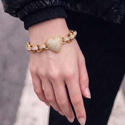 Gold Heart Charm Bracelet with Clear Stones Fits 7.58 inches Wrist, 27g, Tarnish Resistant