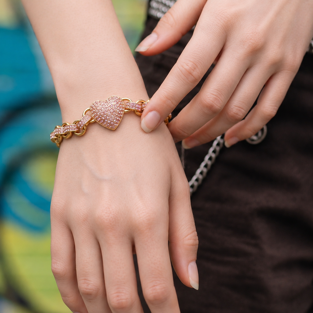 Gold Heart Charm Bracelet with Pink Stones