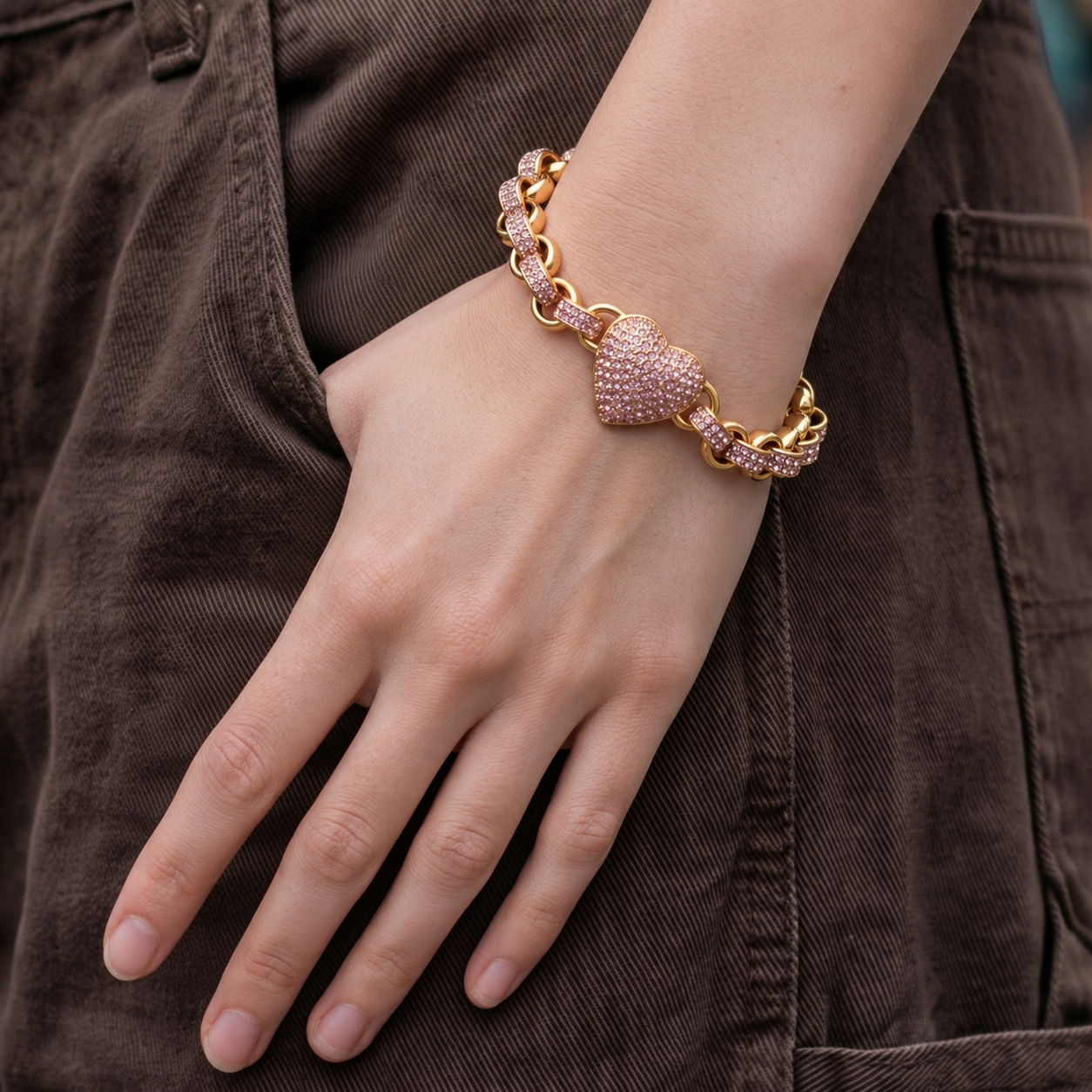 Gold Heart Charm Bracelet with Pink Stones