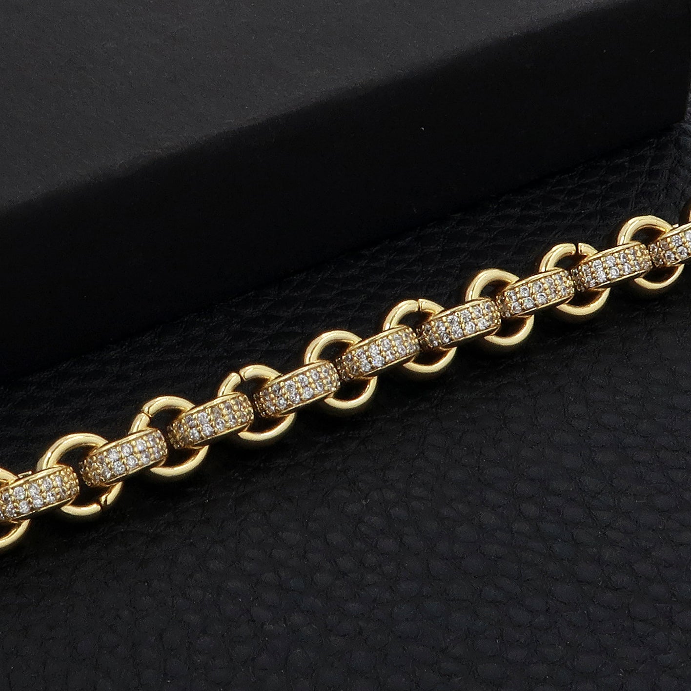 Lightweight 6-inch gold CZ Belcher bracelet, 8mm wide, 50 grams.