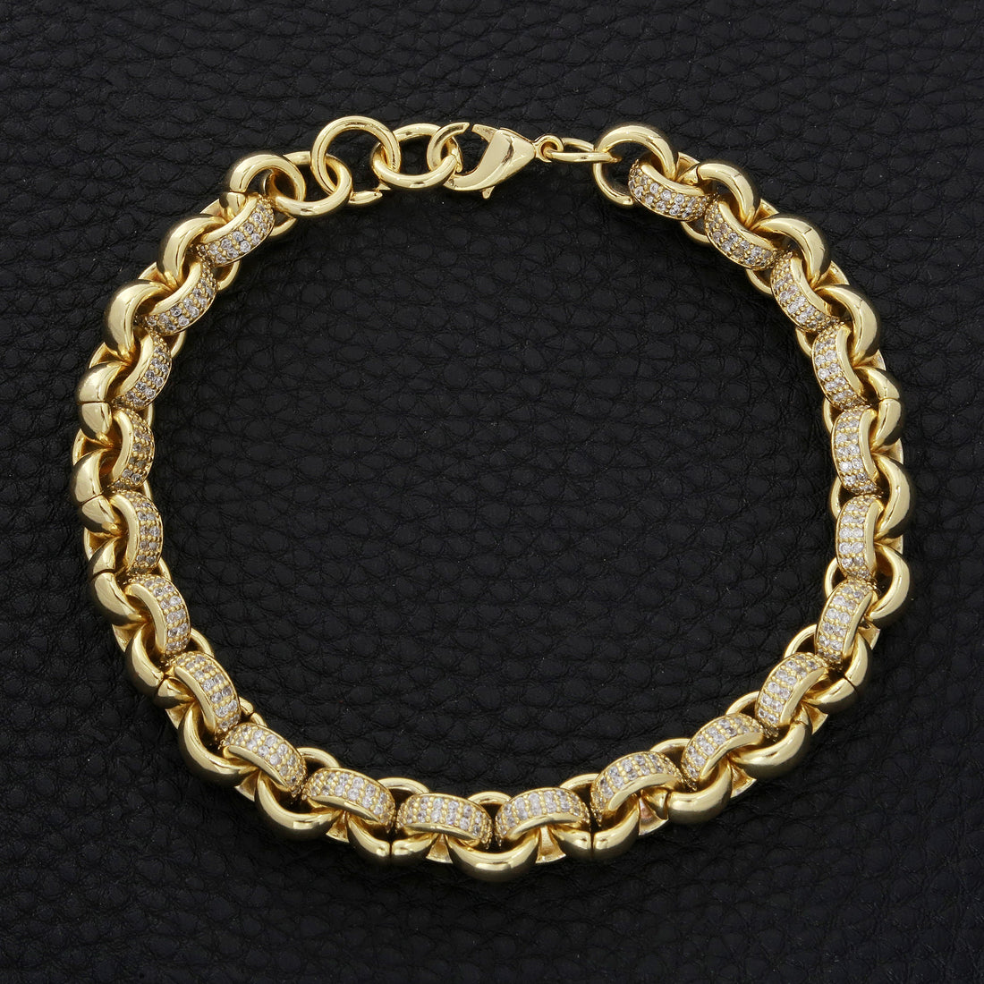 6-inch gold CZ Belcher bracelet, 8mm wide, 50 grams, iced out design.