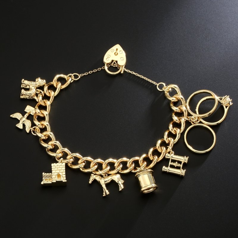 Gold Pets &amp; Post Charm Bracelet 8 Inches Heavy British Themed Solid Charms
