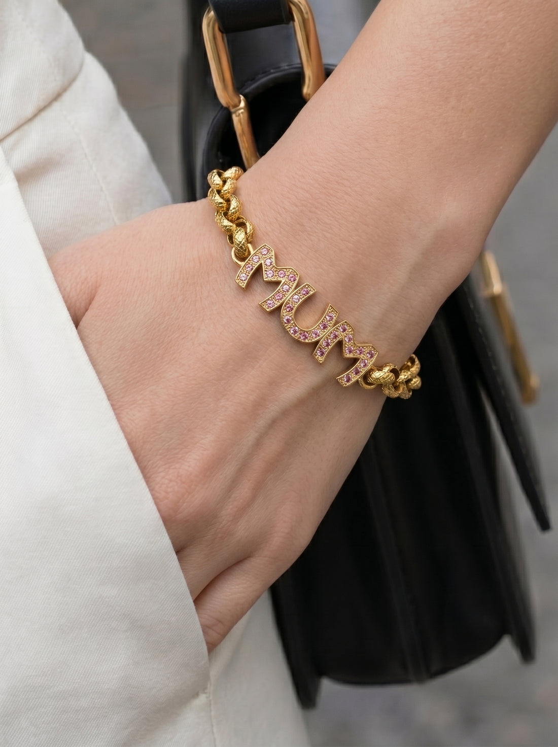 Gold Mum Belcher Bracelet with Pink Stones 8mm