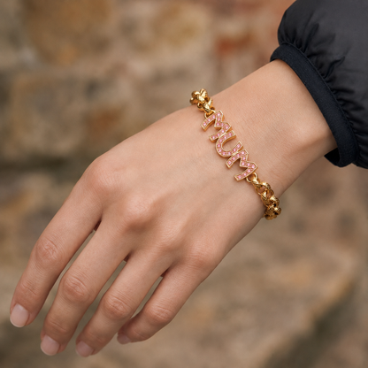 Gold Mum Belcher Bracelet with Pink Stones 8mm