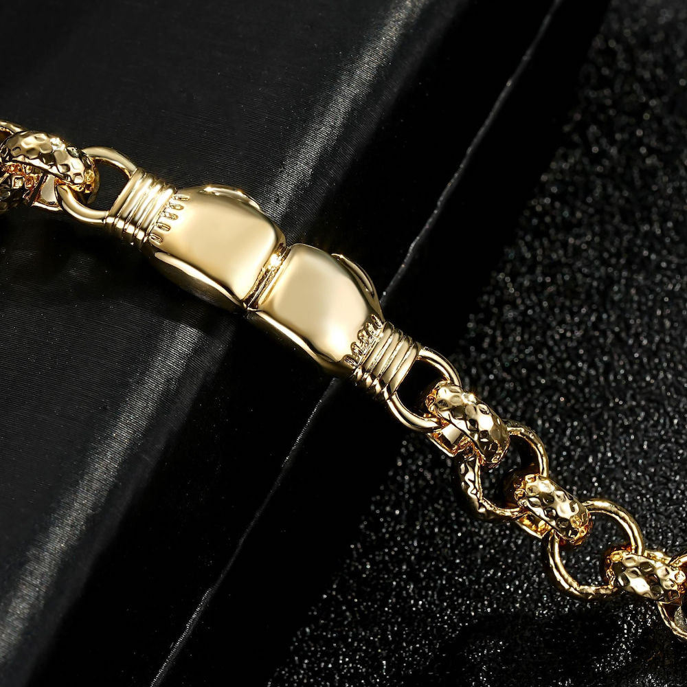 Lightweight gold double boxing glove bracelet, 8mm wide, 6/6.5 inches, 18 grams, for 6-inch wrists.