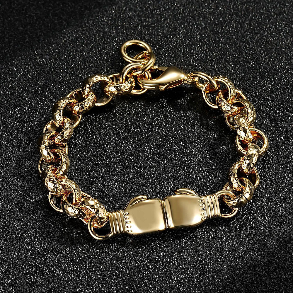 Gold double boxing glove Belcher bracelet, 8mm wide, 6/6.5 inches, 18 grams, gold-filled.