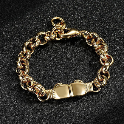 Gold double boxing glove Belcher bracelet, 8mm wide, 6/6.5 inches, 18 grams, gold-filled.