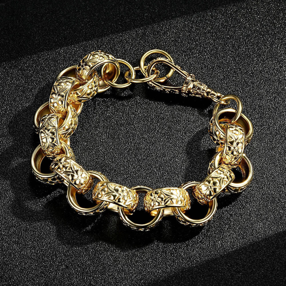 Big gold Belcher bracelet, 20mm wide, 7.5/8 inches long, 100 grams.