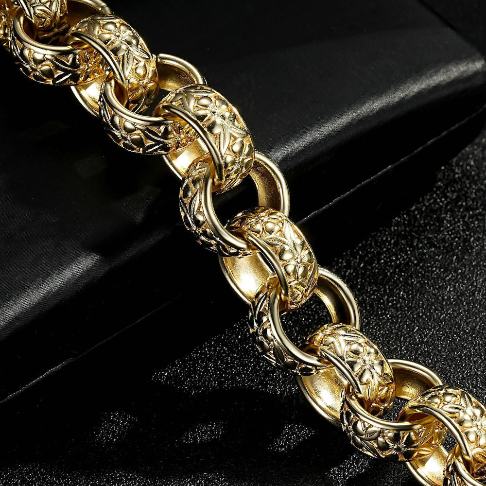 Chunky gold Belcher bracelet, 20mm width, 7.5/8 inches, 100 grams, Albert clasp.