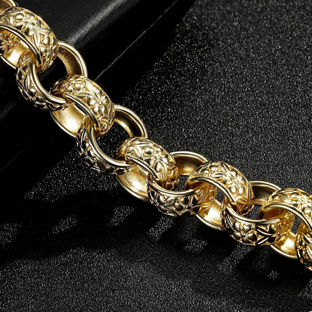 7.5/8 inch big gold Belcher bracelet, 20mm wide, 100 grams, gold-filled finish.