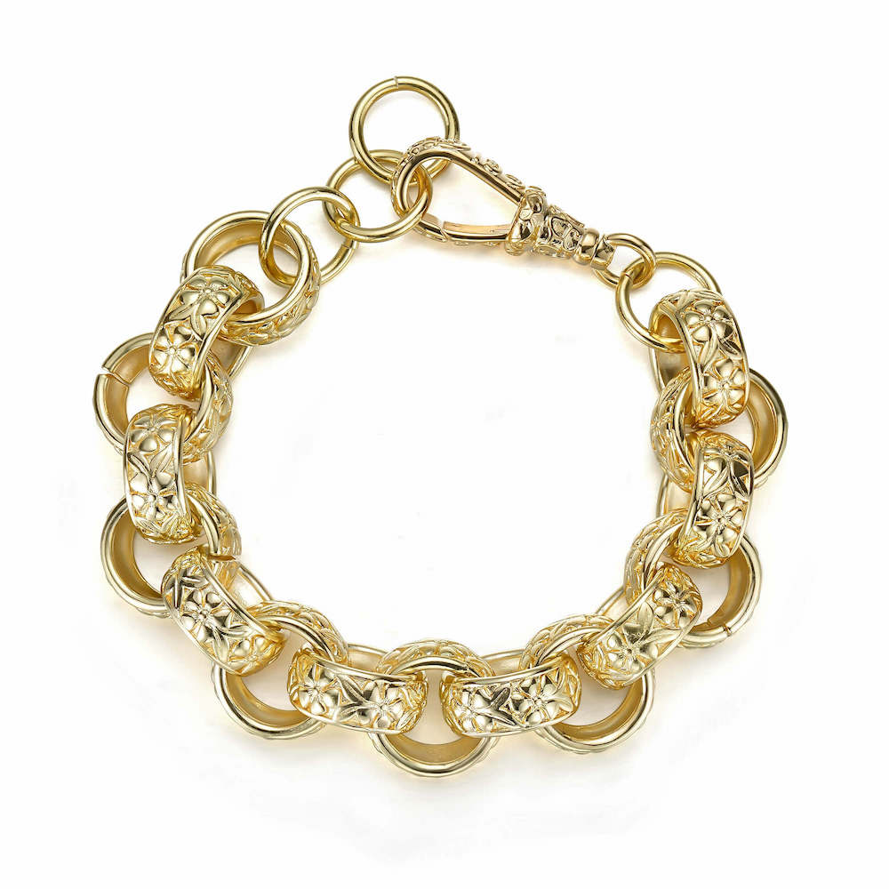 Gold-filled big Belcher bracelet, 20mm width, 7.5/8 inches long, 100 grams.