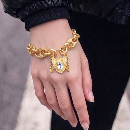 New Gold Button Belcher Bracelet with Clear Stone and Vintage Padlock Clasp 8 Inches