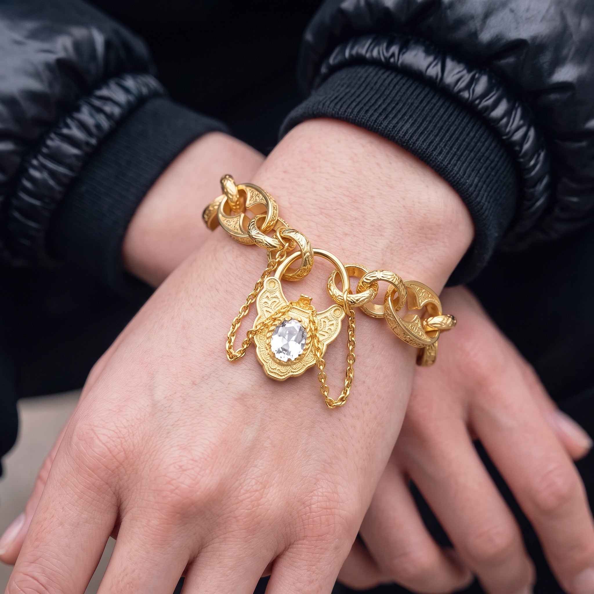 New Gold Button Belcher Bracelet with Clear Stone and Vintage Padlock Clasp 8 Inches