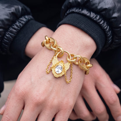 New Gold Button Belcher Bracelet with Clear Stone and Vintage Padlock Clasp 8 Inches