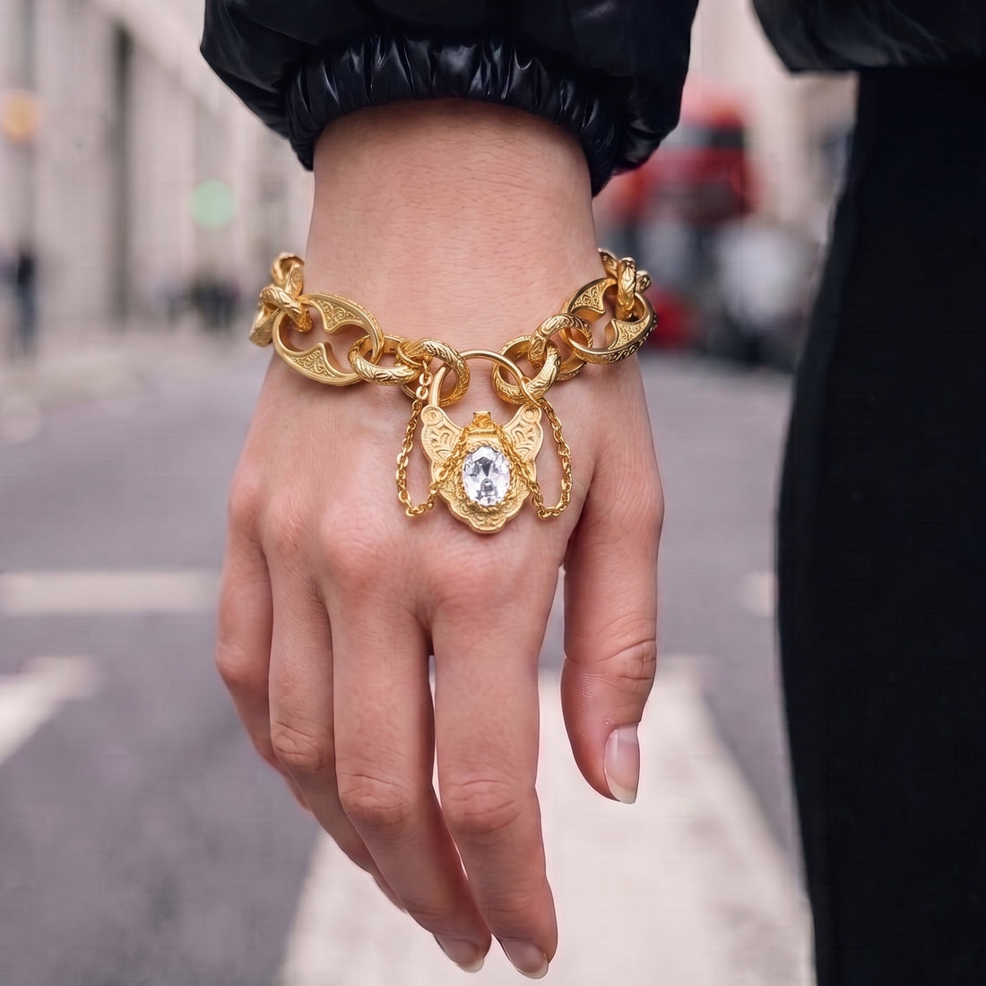 New Gold Button Belcher Bracelet with Clear Stone and Vintage Padlock Clasp 8 Inches