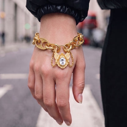 New Gold Button Belcher Bracelet with Clear Stone and Vintage Padlock Clasp 8 Inches