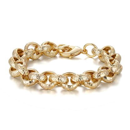 Gold diamond cut Belcher bracelet, 12mm wide, 6 inches long, 38 grams, gold-filled.