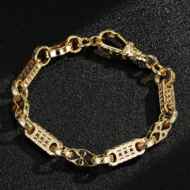 Small gold stars and bars bracelet, 7mm wide, 8/8.5 inches, 7 grams, gold-filled.