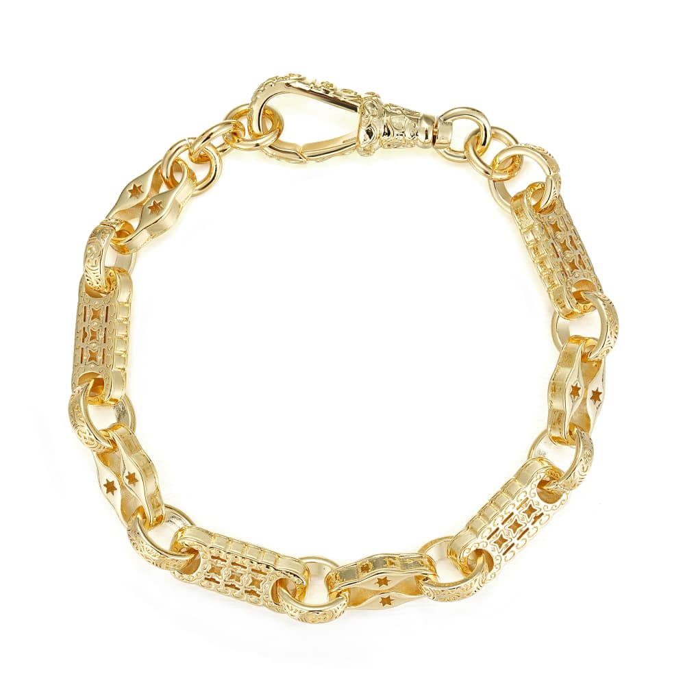 Patterned gold stars and bars bracelet, 7mm wide, 8/8.5 inches, 7 grams, gold-filled finish.
