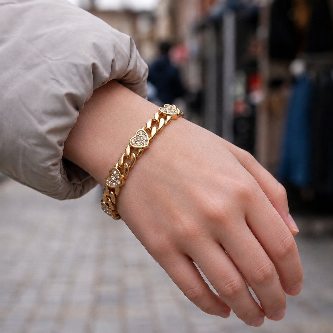 Gold Heart Curb Bracelet 7mm