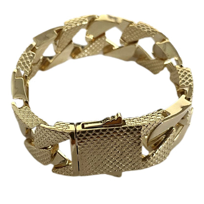 Chunky gold snake-patterned Cuban bracelet, 22mm wide, 8 inches long, 108 grams.