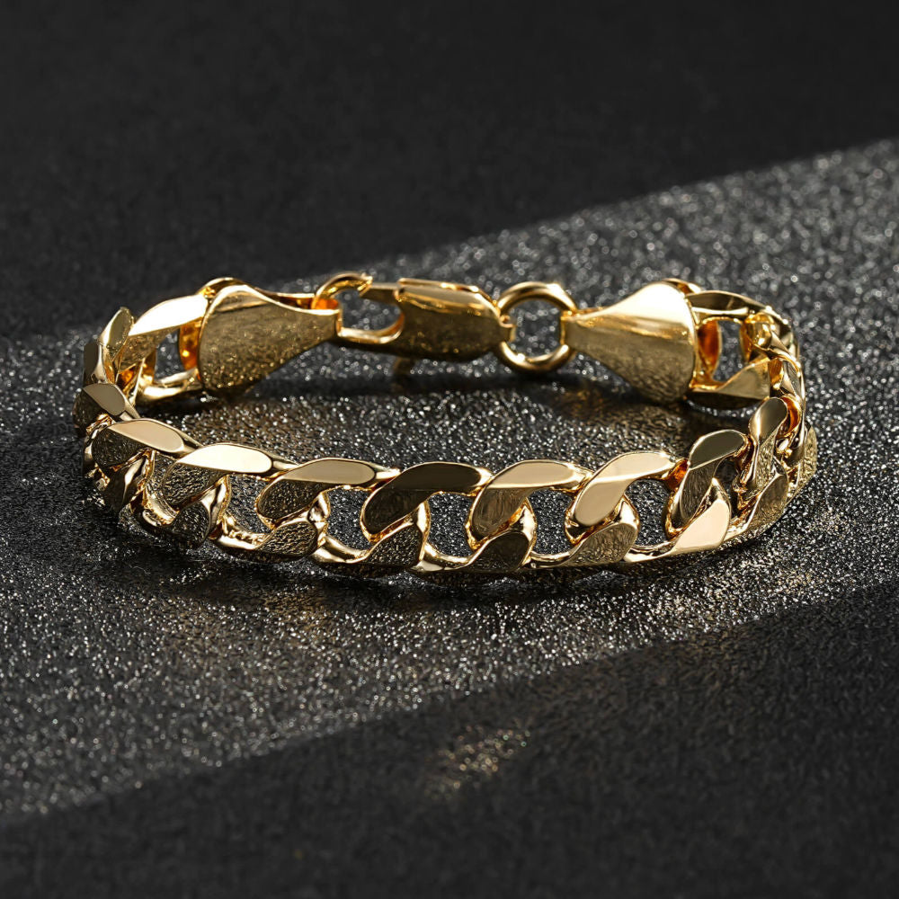 9mm wide gold Cuban bracelet, available in 6, 8, and 9 inches, lightweight.