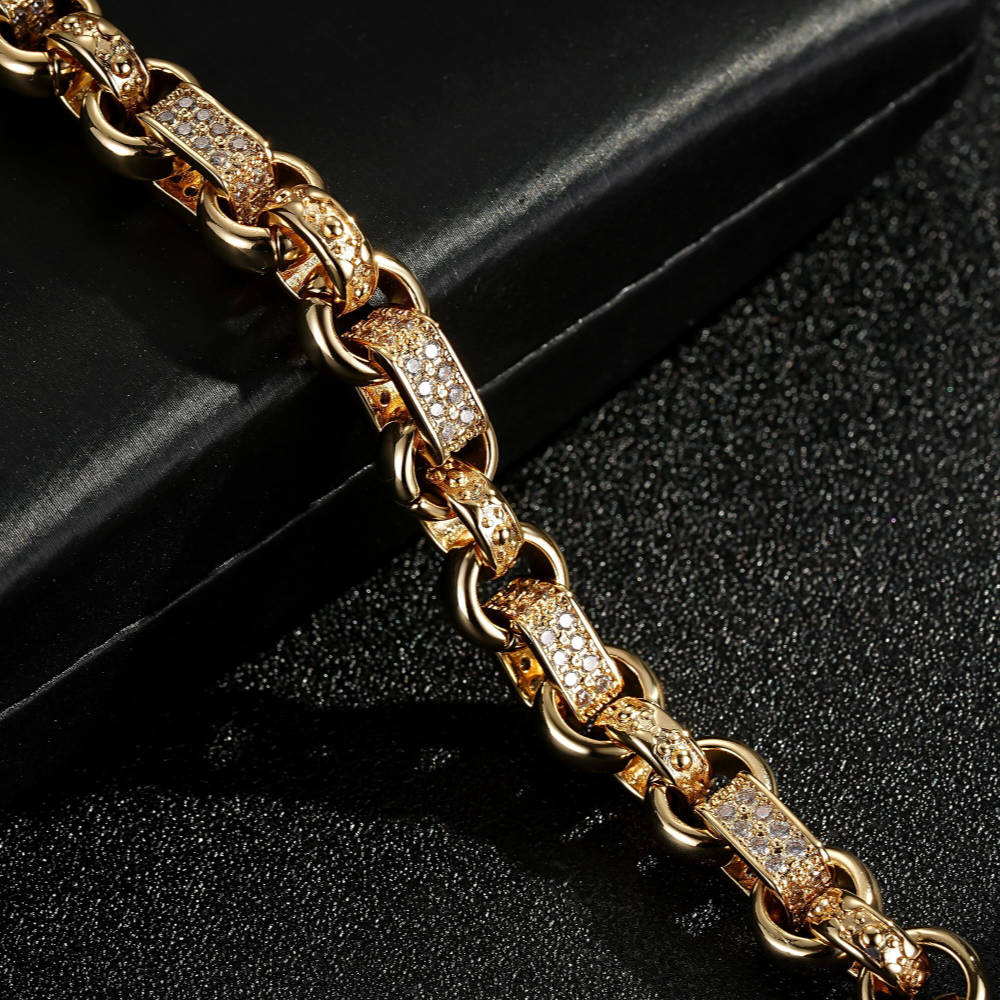 8-inch gold gypsy link bracelet, 10mm wide, 45 grams, gold-filled finish.