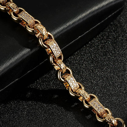 8-inch gold gypsy link bracelet, 10mm wide, 45 grams, gold-filled finish.