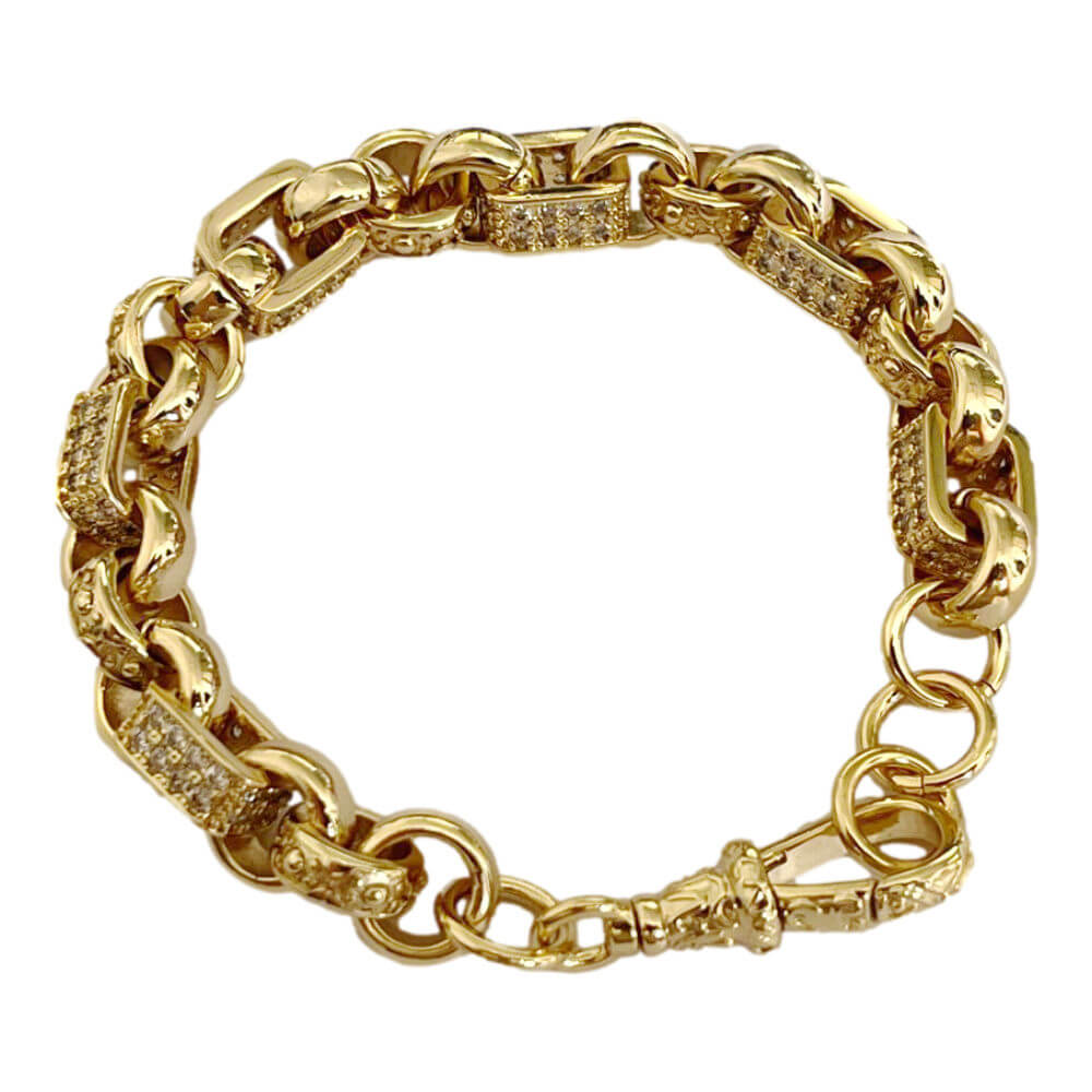 Gold gypsy link Belcher bracelet with stones, 10mm wide, 8 inches long, 45 grams.