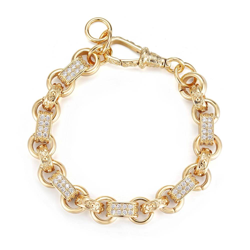 10mm wide gold gypsy link bracelet with stones, 8 inches long, 45 grams, Albert clasp.