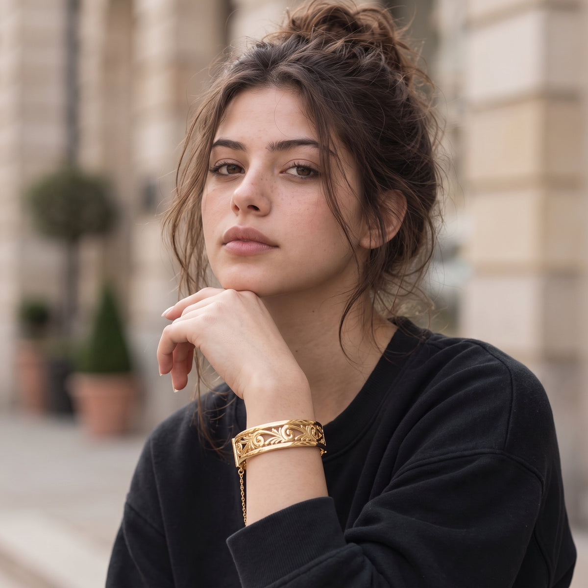 20mm Gold Bonded Filigree Bangle Bracelet with Safety Chain