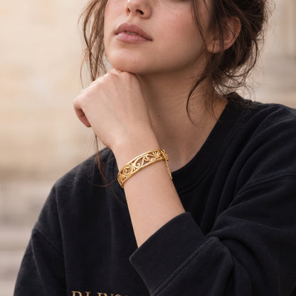 20mm Gold Bonded Filigree Bangle Bracelet with Safety Chain