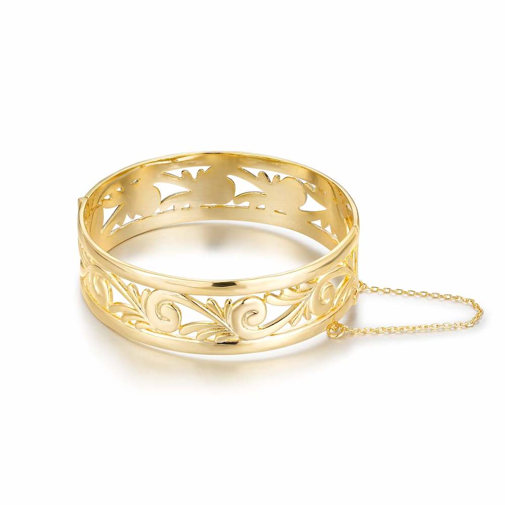 Gold-filled big gold bangle bracelet, 20mm wide, 46.5 grams, adjustable.