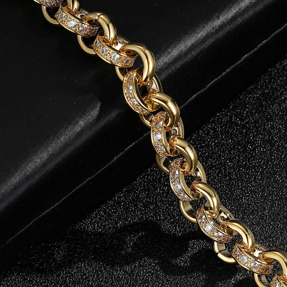 Patterned gold Belcher bracelet, 10mm wide, 8/9 inches, 42 grams.