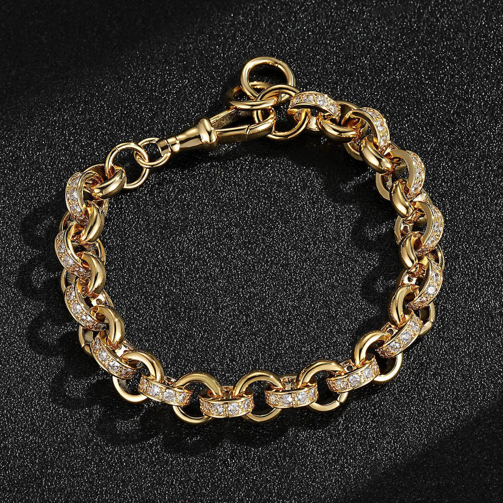 Gold Belcher bracelet with stones, 10mm wide, 8/9 inches long, 42 grams.