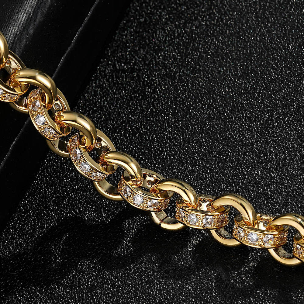 10mm wide gold Belcher bracelet with stones, 8/9 inches, 42 grams.