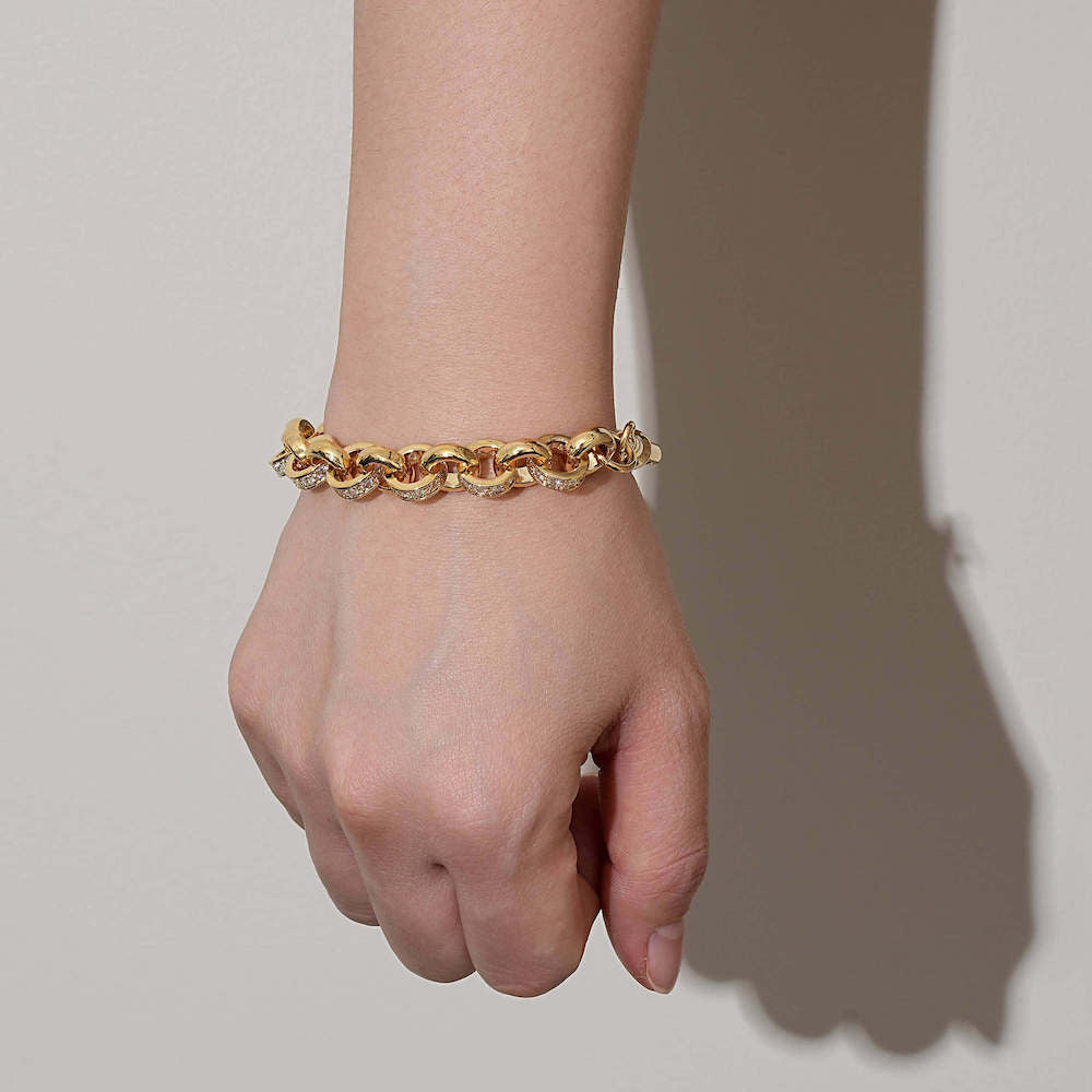 8/9 inch gold Belcher bracelet with stones, 10mm wide, 42 grams, gold-filled finish.