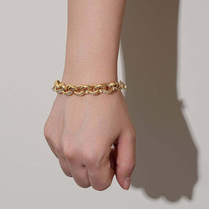 8/9 inch gold Belcher bracelet with stones, 10mm wide, 42 grams, gold-filled finish.