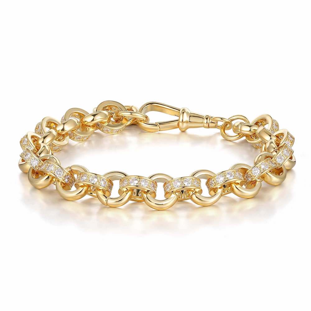 Gold-filled Belcher bracelet with stones, 10mm width, 8/9 inches long, 42 grams.