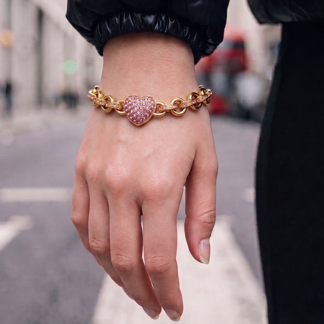 Gold Crystal Heart Charm Belcher Bracelet